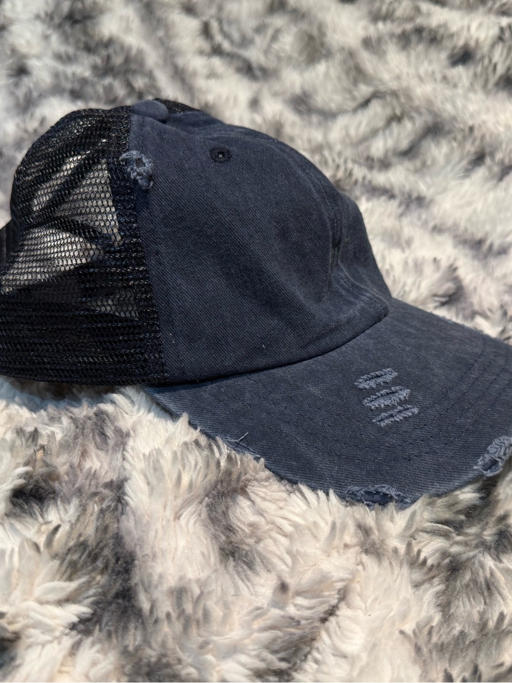 Distressed Navy Mesh Back Trucker Hat - Ponytail Friendly